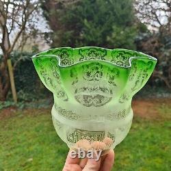 Original Victorian Large Green glass Etched oil lamp shade duplex 4 inch fitter