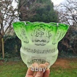 Original Victorian Large Green glass Etched oil lamp shade duplex 4 inch fitter