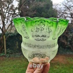 Original Victorian Large Green glass Etched oil lamp shade duplex 4 inch fitter