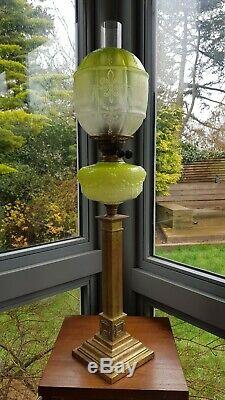 Original Victorian Lime Green Etched glass shade Oil Lamp Font Burner Duplex