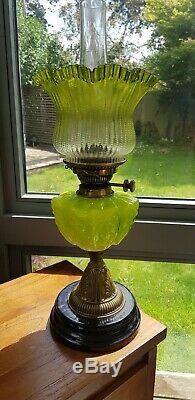 Original Victorian Lime Green Glass Oil Lamp Font Burner Base with Antique Shade