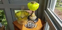 Original Victorian Lime Green Glass Oil Lamp Font Burner Base with Antique Shade