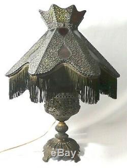 Original Victorian Oil-To-Electric 8-Sided LAMP Fringed Shade. Stained Glass. 30H