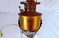 Original Victorian Oil-To-Electric Lamp. 8-Sided Fringed Shade. Stained Glass. 30T