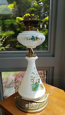 Original Victorian Opal Glass Electrified Oil Lamp duplex burner 4 inch shade