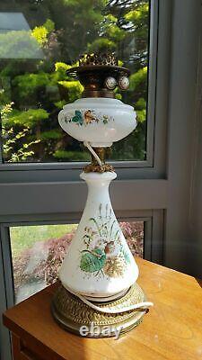 Original Victorian Opal Glass Electrified Oil Lamp duplex burner 4 inch shade