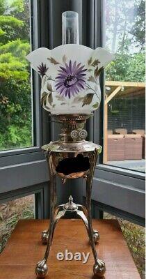 Original Victorian Opal Glass Hand Painted Amethyst Chrysanthemum Oil Lamp Shade