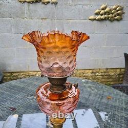 Original Victorian Orange Peach Glass Oil Lamp Coin Dot Duplex Brass Base