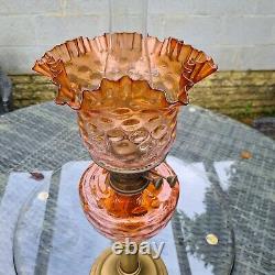 Original Victorian Orange Peach Glass Oil Lamp Coin Dot Duplex Brass Base