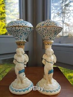 Original Victorian Pair Copeland Putti Cherub China Ceramic Oil Lamp Bases 30cm