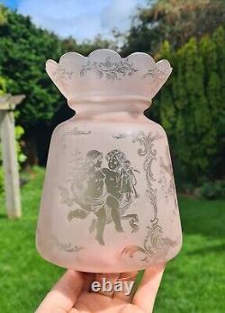 Original Victorian Peach Glass Oil Lamp Shade Crystal etched Cherubs 6.7cm fit