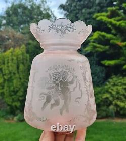 Original Victorian Peach Glass Oil Lamp Shade Crystal etched Cherubs 6.7cm fit