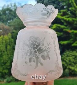 Original Victorian Peach Glass Oil Lamp Shade Crystal etched Cherubs 6.7cm fit