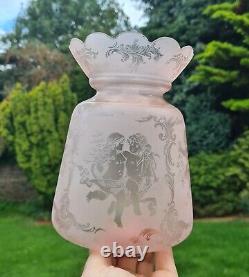 Original Victorian Peach Glass Oil Lamp Shade Crystal etched Cherubs 6.7cm fit