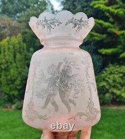 Original Victorian Peach Glass Oil Lamp Shade Crystal etched Cherubs 6.7cm fit