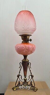 Original Victorian Peach Salmon Pink Etched glass shade Oil Lamp Corinthian base