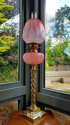Original Victorian Peach Salmon Pink Etched glass shade Oil Lamp Corinthian base