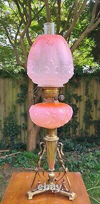 Original Victorian Peach Salmon Pink Etched glass shade Oil Lamp Corinthian base