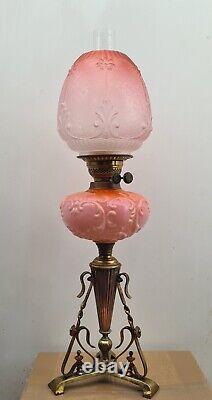 Original Victorian Peach Salmon Pink Etched glass shade Oil Lamp Corinthian base