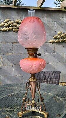 Original Victorian Peach Salmon Pink Etched glass shade Oil Lamp Corinthian base