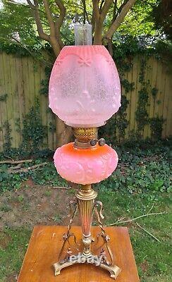 Original Victorian Peach Salmon Pink Etched glass shade Oil Lamp Corinthian base