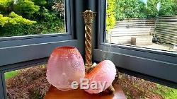 Original Victorian Peach Salmon Pink Etched glass shade Oil Lamp Corinthian base