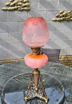 Original Victorian Peach Salmon Pink Etched glass shade Oil Lamp Corinthian base