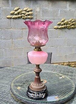 Original Victorian Pink Glass Oil Lamp Shade and Molded Font Duplex Brass Base