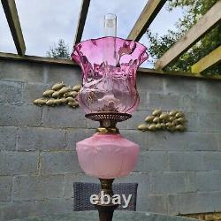 Original Victorian Pink Glass Oil Lamp Shade and Molded Font Duplex Brass Base