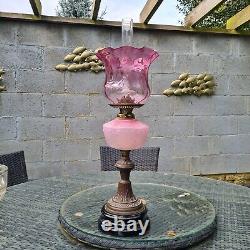 Original Victorian Pink Glass Oil Lamp Shade and Molded Font Duplex Brass Base