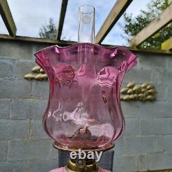 Original Victorian Pink Glass Oil Lamp Shade and Molded Font Duplex Brass Base
