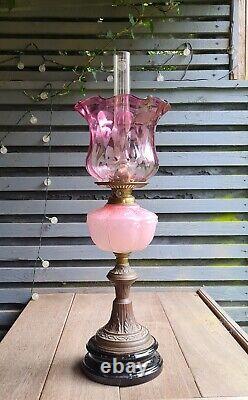 Original Victorian Pink Glass Oil Lamp Shade and Molded Font Duplex Brass Base