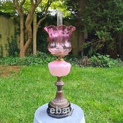 Original Victorian Pink Glass Oil Lamp Shade and Molded Font Duplex Brass Base