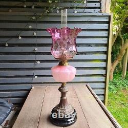 Original Victorian Pink Glass Oil Lamp Shade and Molded Font Duplex Brass Base