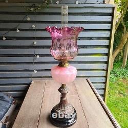 Original Victorian Pink Glass Oil Lamp Shade and Molded Font Duplex Brass Base