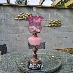 Original Victorian Pink Glass Oil Lamp Shade and Molded Font Duplex Brass Base