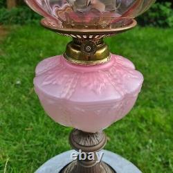 Original Victorian Pink Glass Oil Lamp Shade and Molded Font Duplex Brass Base