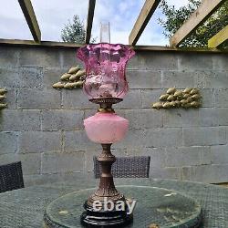 Original Victorian Pink Glass Oil Lamp Shade and Molded Font Duplex Brass Base