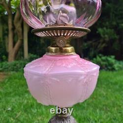 Original Victorian Pink Glass Oil Lamp Shade and Molded Font Duplex Brass Base