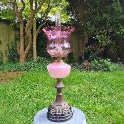 Original Victorian Pink Glass Oil Lamp Shade and Molded Font Duplex Brass Base