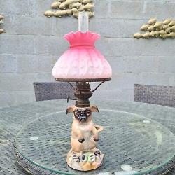Original Victorian Pug Dog Nursery Oil Lamp Pink Satin Glass Vesta Shade Burner