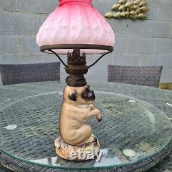 Original Victorian Pug Dog Nursery Oil Lamp Pink Satin Glass Vesta Shade Burner