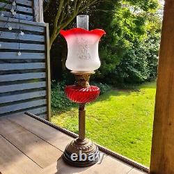 Original Victorian Red Glass Oil Lamp Shade and Baccarat Font Duplex Brass Base