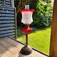 Original Victorian Red Glass Oil Lamp Shade and Baccarat Font Duplex Brass Base