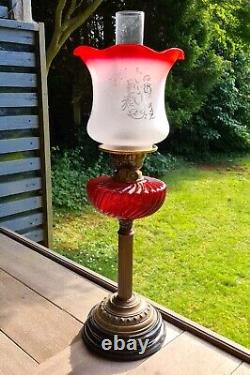 Original Victorian Red Glass Oil Lamp Shade and Baccarat Font Duplex Brass Base