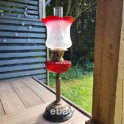 Original Victorian Red Glass Oil Lamp Shade and Baccarat Font Duplex Brass Base