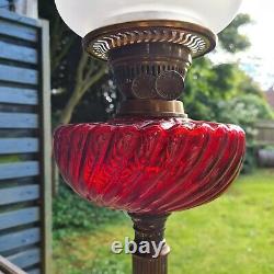 Original Victorian Red Glass Oil Lamp Shade and Baccarat Font Duplex Brass Base