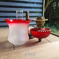 Original Victorian Red Glass Oil Lamp Shade and Baccarat Font Duplex Brass Base