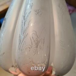 Original Victorian Ribbed Melon Section Glass Oil Lamp Shade Duplex Etched Birds