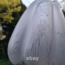 Original Victorian Ribbed Melon Section Glass Oil Lamp Shade Duplex Etched Birds